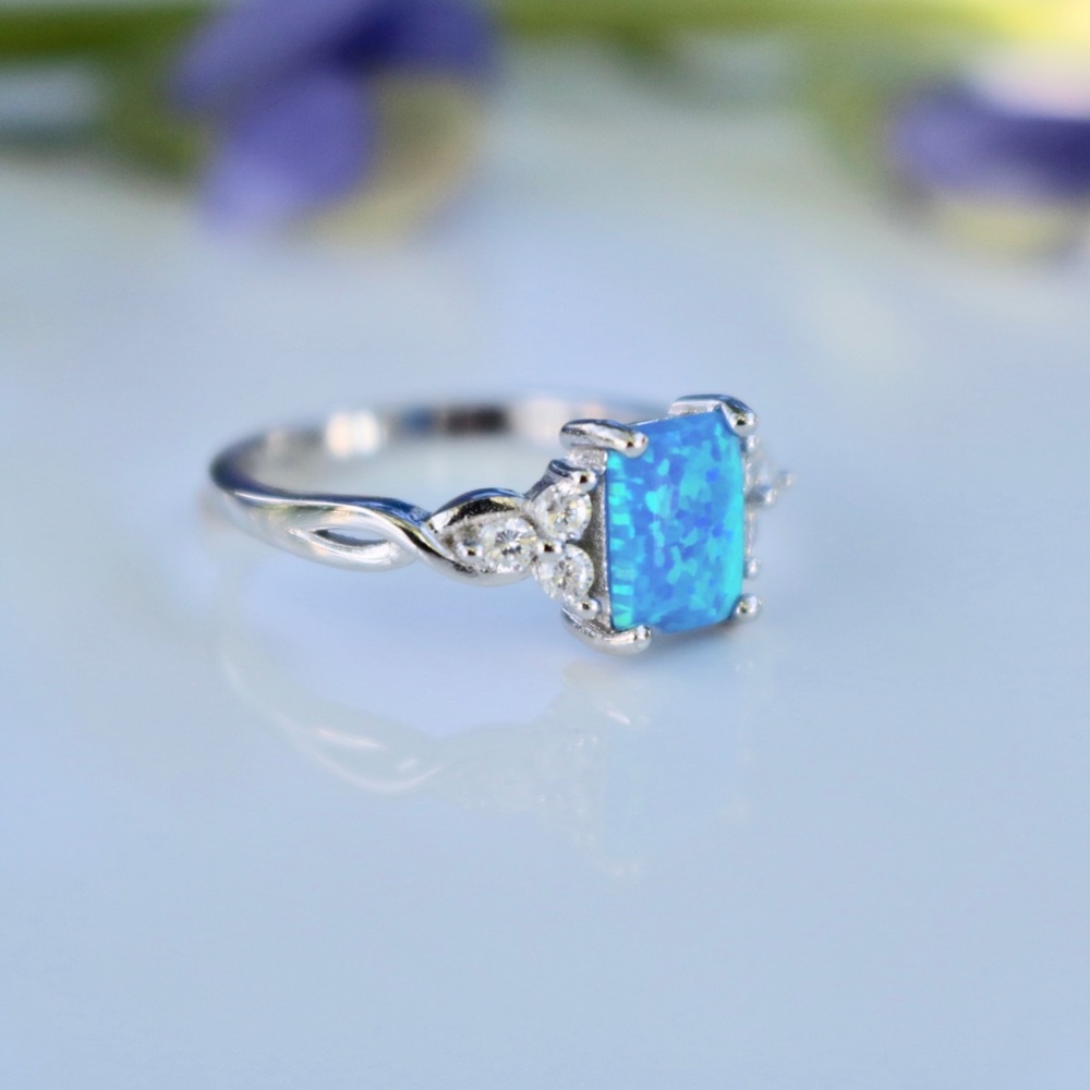 Lab Blue Opal CZ Sterling Silver Ring - Picture 3 of 5